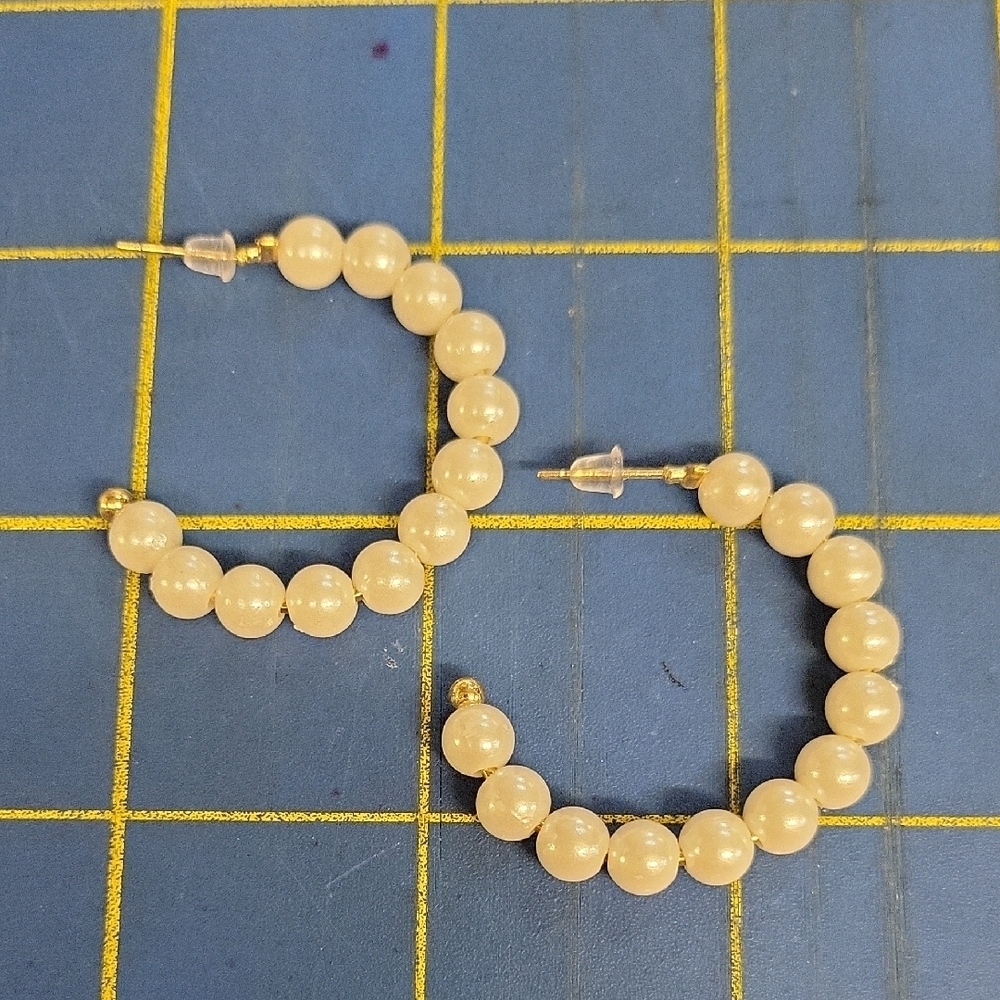 Pearl Faux Cream Beaded Hoop 1.5"  Earrings